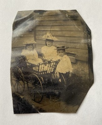 Antique Tintype Photograph Three Young Children Baby Carriage