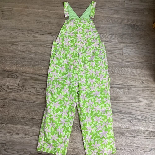 Lilly Pulitzer Green And Pink Overalls Garden Retro  Print 100% Cotton - Small