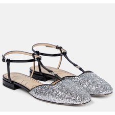 NIB Gucci Ballet Flat EU 37.5 US 7.5 Double G T-Strap Silver Glitter Shoes $920