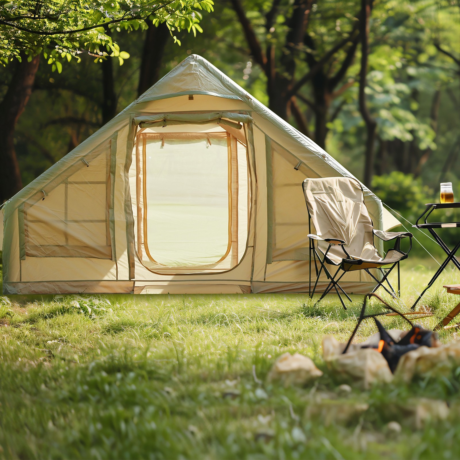 Inflatable Camping Tent with Pump, Chimney Port & Easy Waterproof Setup