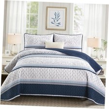 Striped Quilt Set Size Boho Striped Patchwork Leaves Printed Queen Navy Blue
