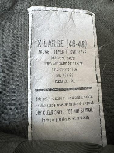 Vintage USAF Mens XL Flyers CWU 45P Flight Jacket Military Air Force Isratex - Picture 5 of 12