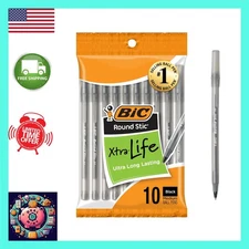 Round Stic Xtra Life Black Ballpoint Pens, Medium Point (1.0mm), 10-Count Pack o