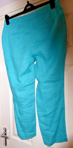 East 3/4 Length Trousers Size 14 Aqua Cropped 100% Linen Lightweight - Picture 4 of 4