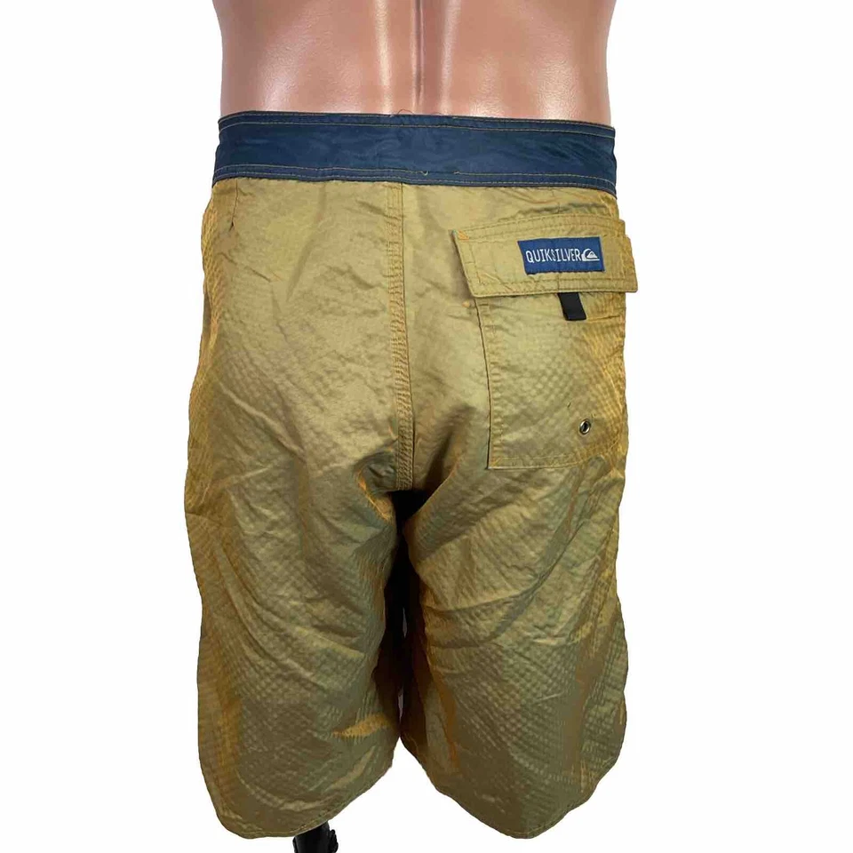 Vintage QUICKSILVER Gold 3M Holographic Checkered 33 Nylon Board Shorts Baggy - Image 3 of 4