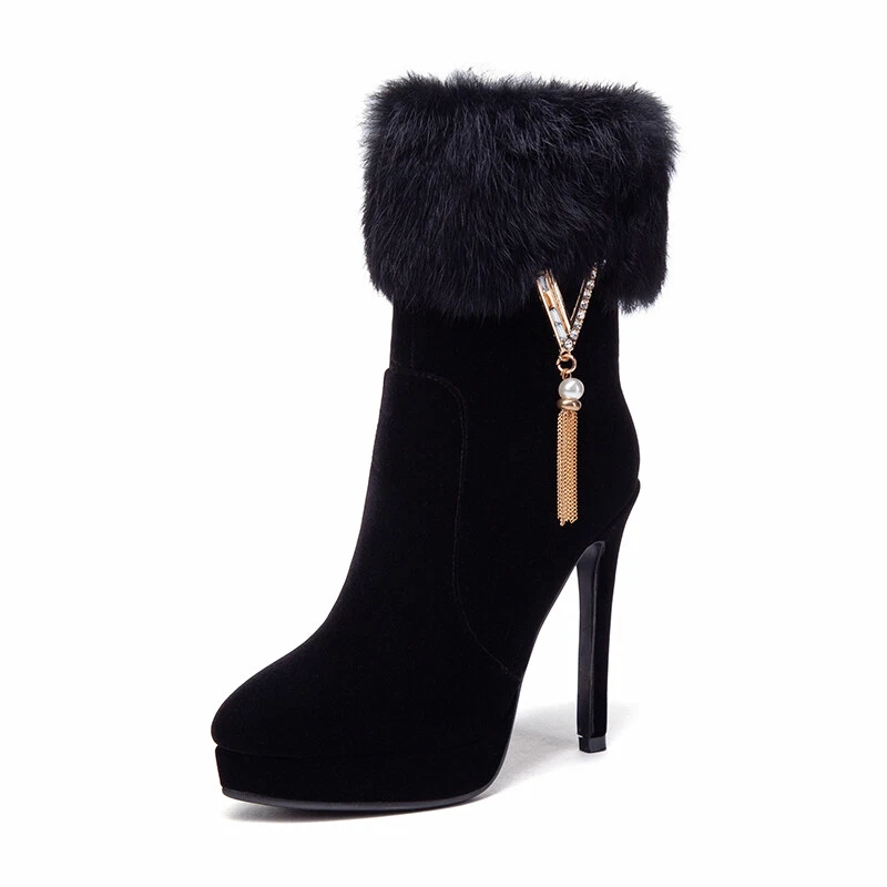 Botas para mujer Botas al tobillo de invierno Tacón alto Cremallera Gamuza Zapatos Cálidos Plataforma de piel Foto 2 de 4