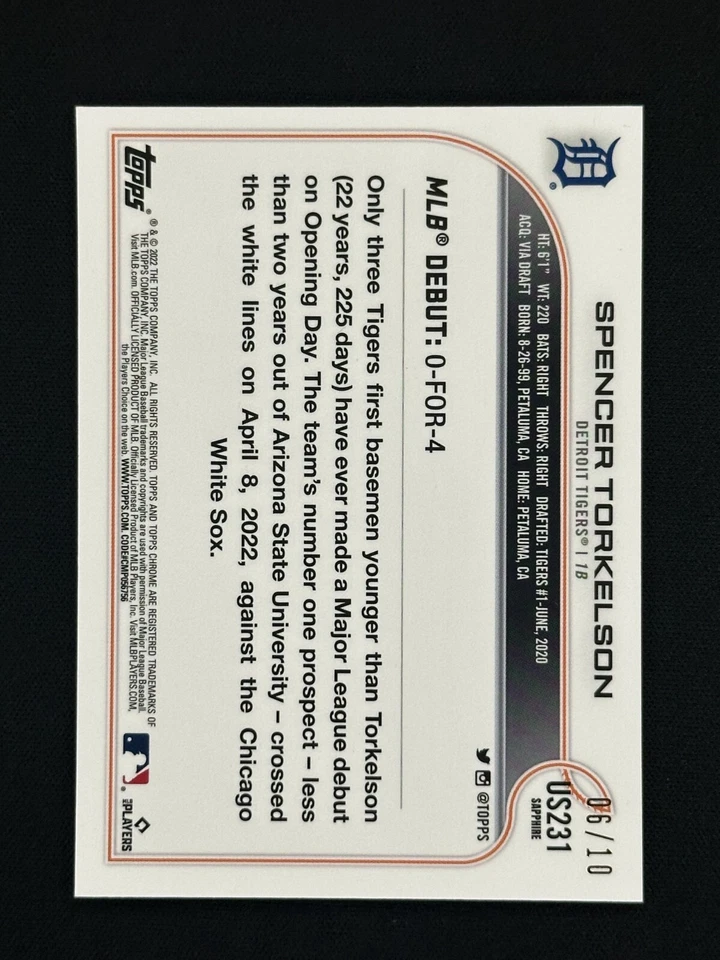 2022 Topps Chrome Sapphire Spencer Torkelson RC Debut Purple Refractor /10  - Image 2 of 2