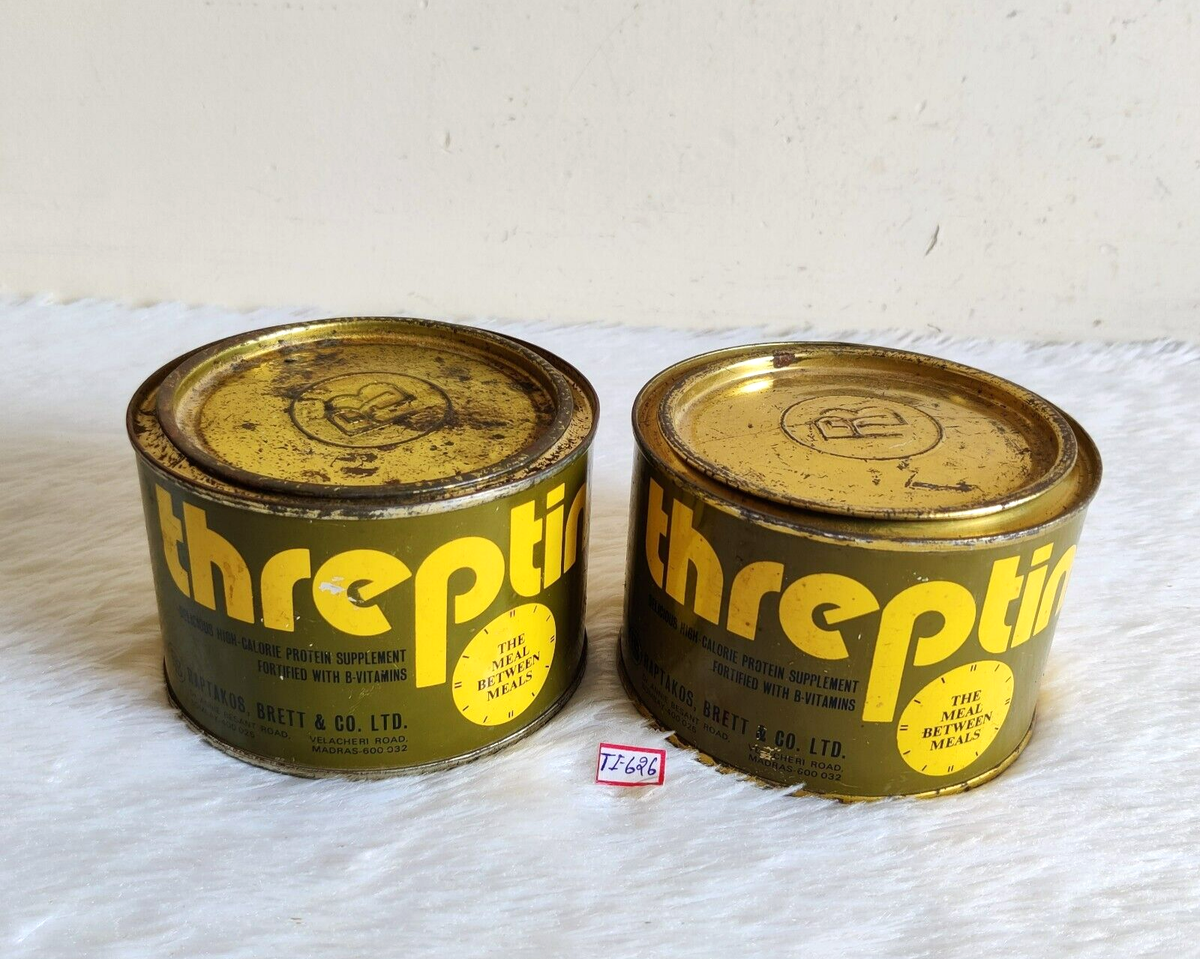 théo tin tin初期ビンテージモデル Vintage Raptakos Brett & Co Threptin Biscuits Advertising Old Tin