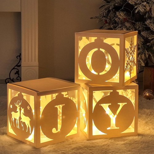 Light up Christmas Decorations Indoor - 3Pcs White Hollow-Out Paper Joy Boxes wi - Picture 5 of 11