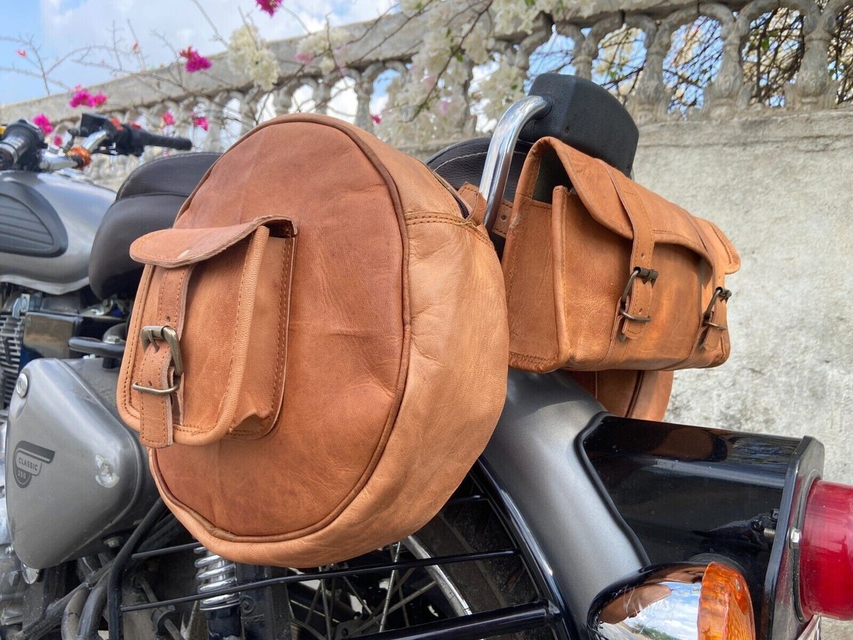 Leather Saddlebags Motorcycle Pouch Brown Three Bags Round Panniers Saddle