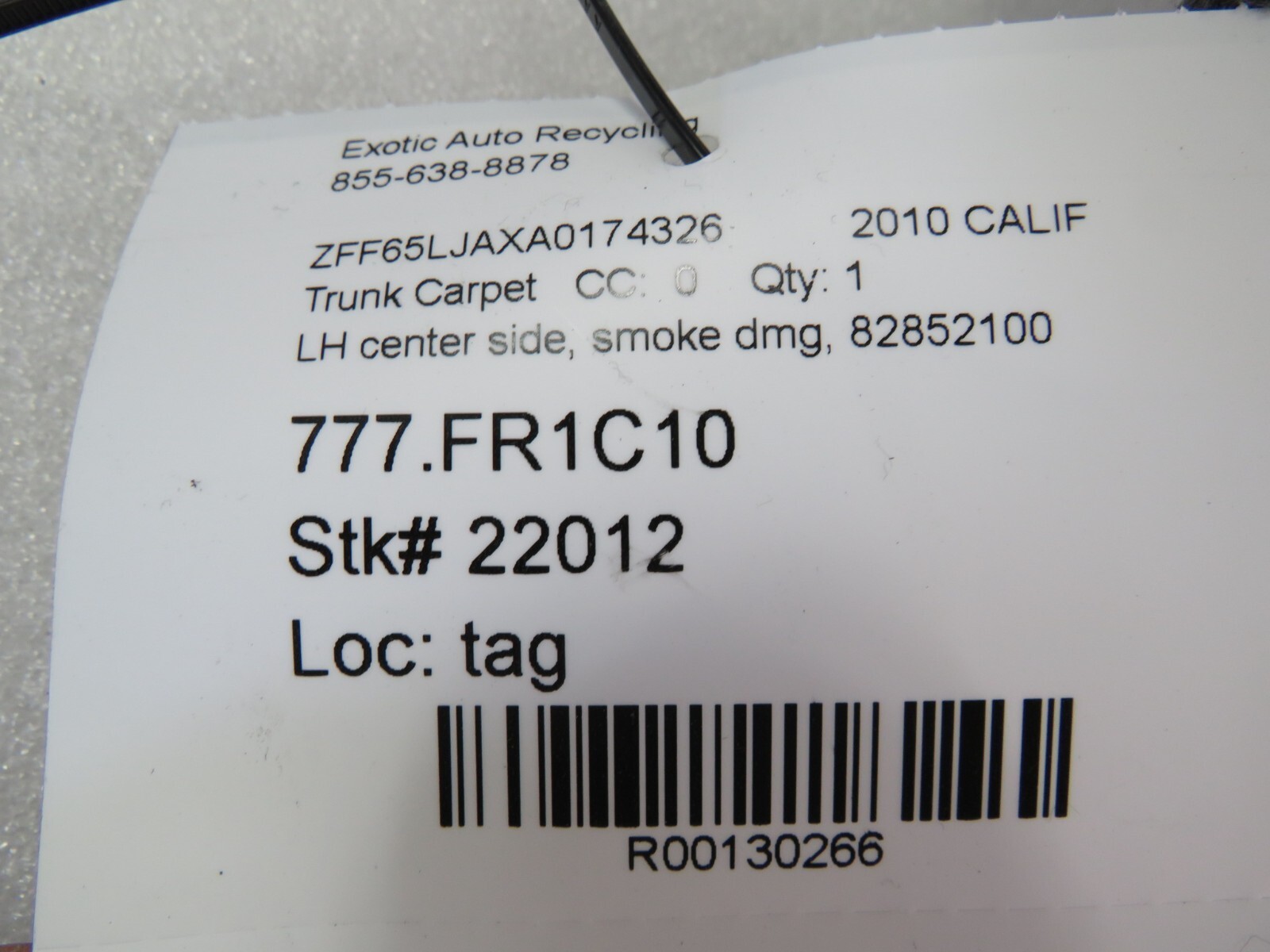 Ferrari California, RH, Forward Trunk Carpet, Smoke Dmg, Used, P/N 82852100
