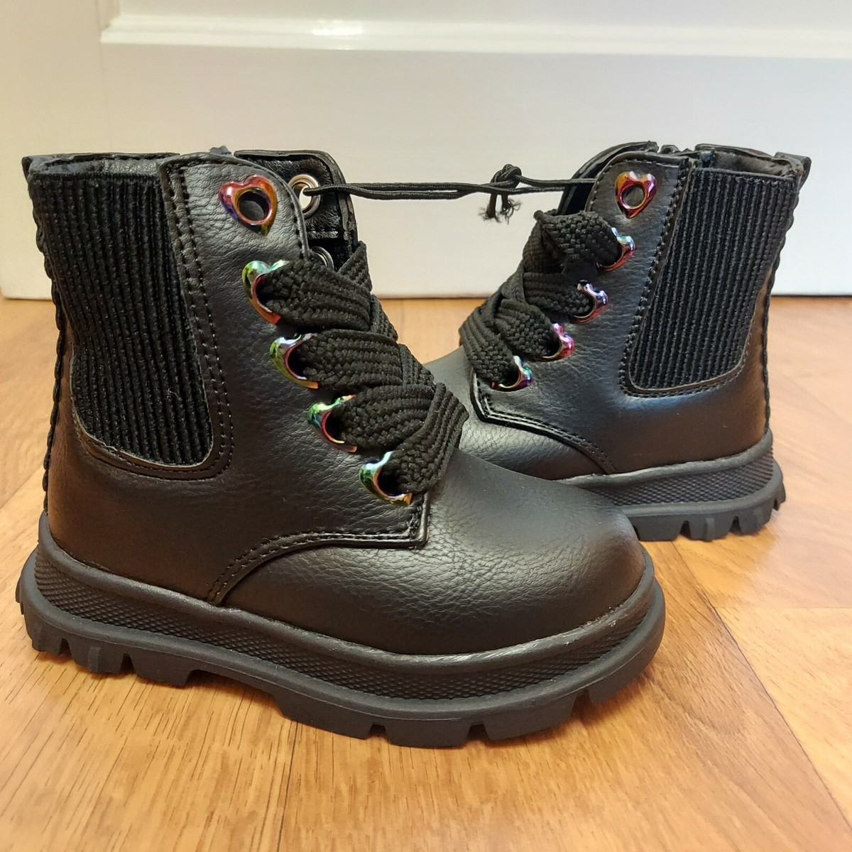 GIRLS BLACK FAUX LEATHER COMBAT EURO 21