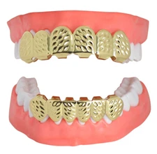 Dia Cut Design Custom Fit 14k Gold Plated Grillz Top Bottom Teeth HipHop + Molds