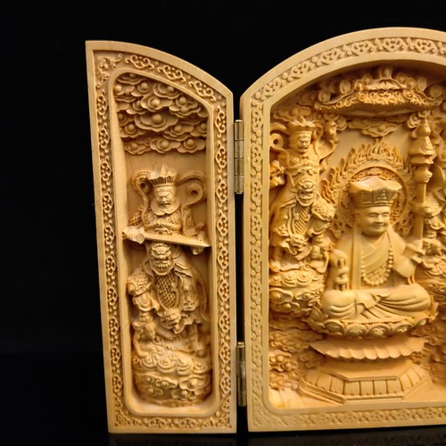 Chinese Antique Hand carved Three doors Buddha Wood Box Statue - Picture 3 of 11