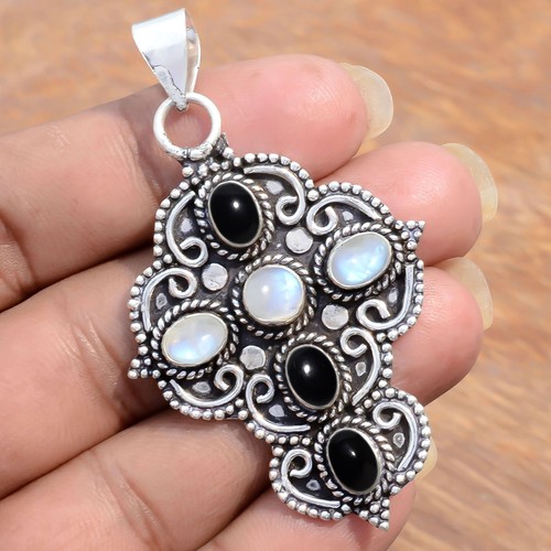 Moonstone & Black Onyx Gemstone 925 Sterling Silver Brother's Gift Jewelry Cross - Picture 6 of 8