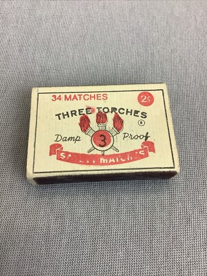 Match Box THREE TORCHES Damp Proof Wooden Matches Empty Kenner Louisiana Vintage