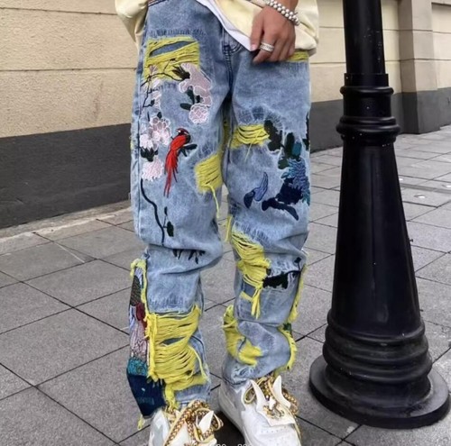 Pantalones de mezclilla azul bordados para hombre punk niños bordados hip hop rasgados pierna recta - Imagen 8 de 10