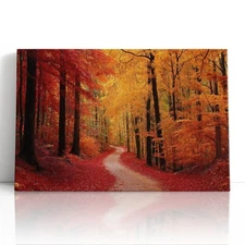 Vibrant Autumn Forest Path Canvas Print Wall Art – Fall Foliage Home Decor