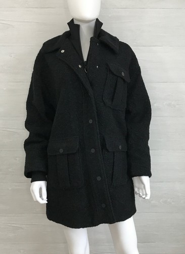 GANNI Womens Black Boucle Wool Pockets Long Sleeve Coat Jacket Size 34
