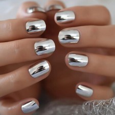 24 Short Press on nails kit w/ glue silver chrome mirror reflective