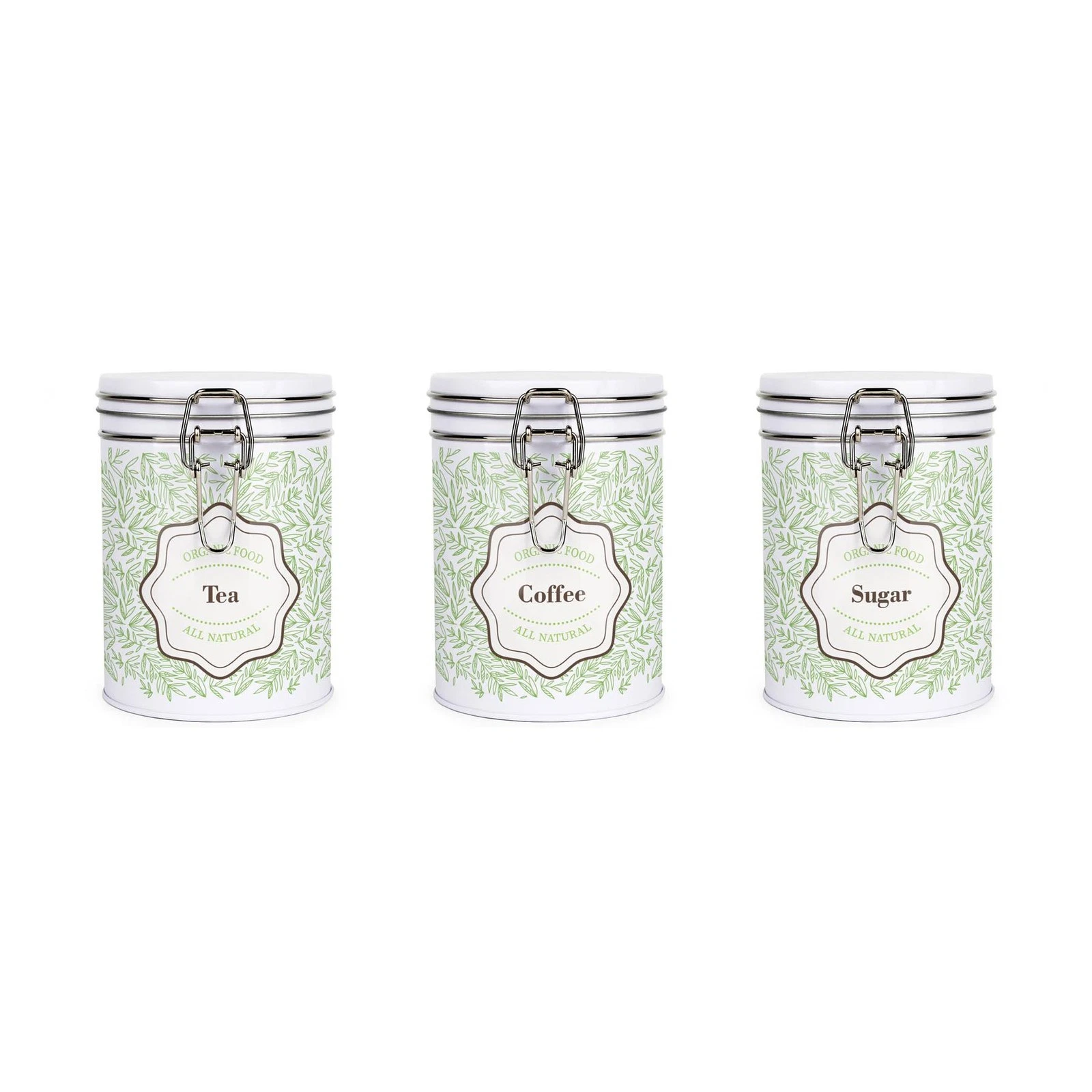 Organic Green Leaves Hot Drinks Canisters Set - Tea, Coffee & Sugar Storage Tins