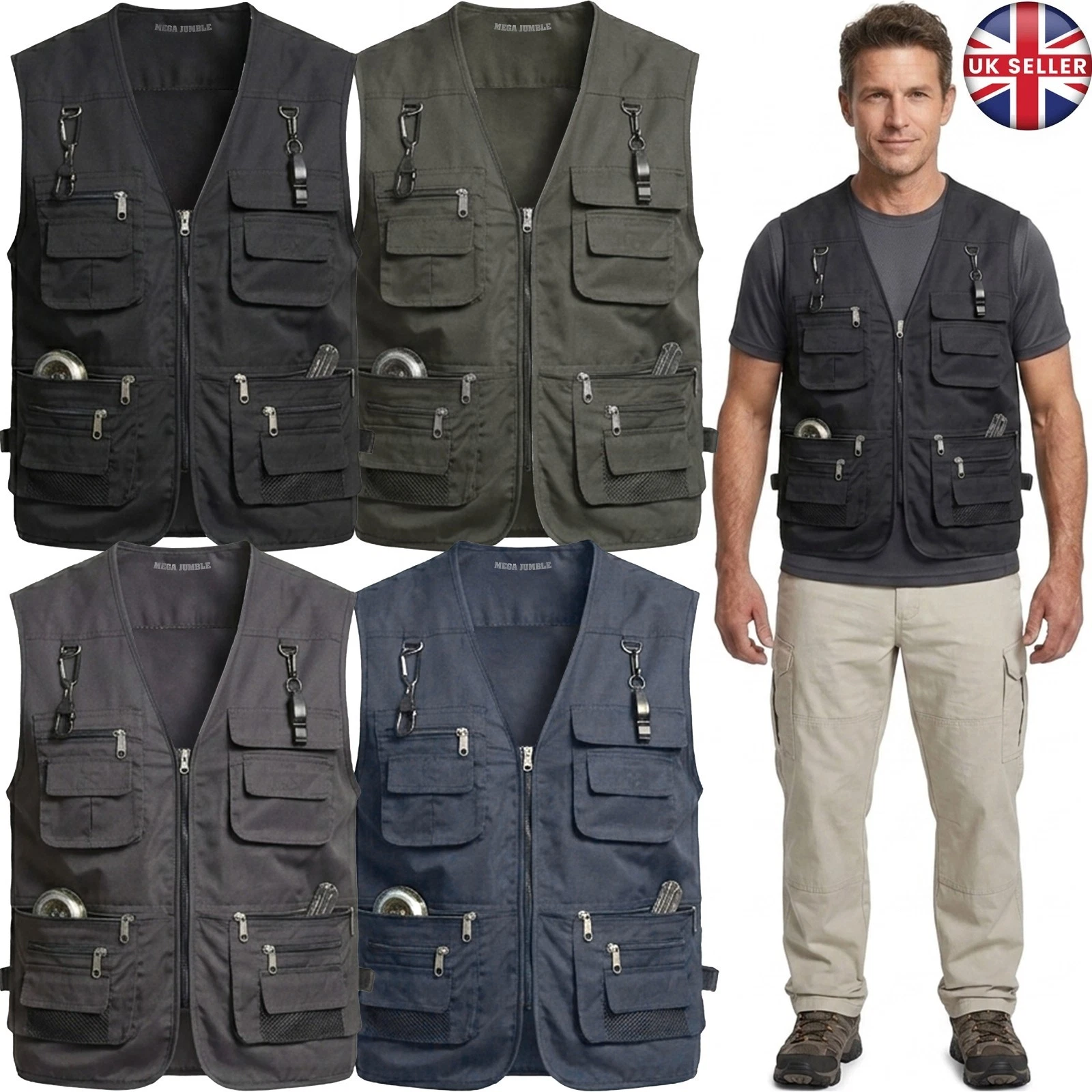 Mens Workwear Multi Pockets Waistcoat Utility Outdoor Body Warmer Fisherman Tops