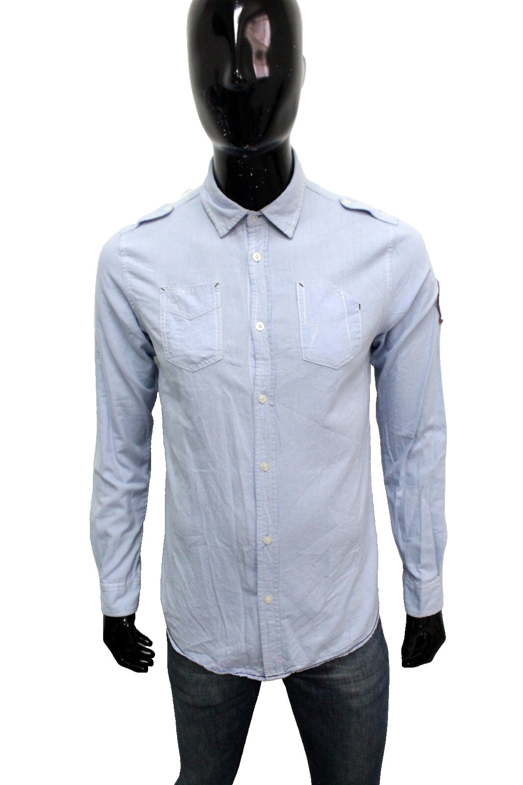 Camicia GUESS Taglia S Uomo Shirt Manica Lunga Chemise Cotone Azzurro Logo Man