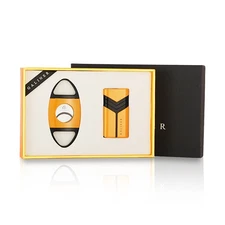 Portable Cigar Cutter & Cigar Lighter Set 2 Jet Flame Refillable Yellow Gift Set
