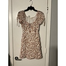 Ultra Flirt Butterfly Print Ruched Mini Dress White Brown RK517333 Womens Large