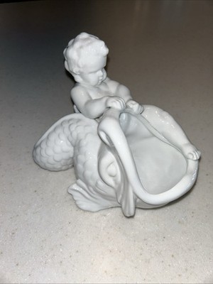 Cherub With Koi Fish Planter Or Trinket Holder Makers Mark On Bottom 4.75 
