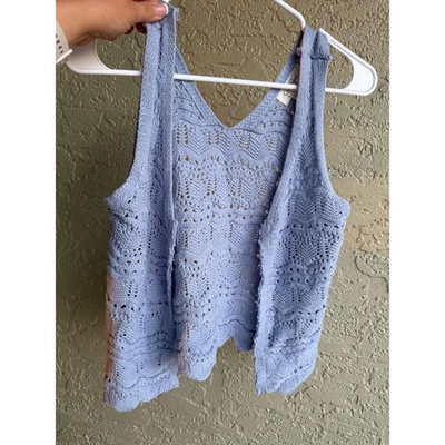 #ad Jessica Simpson Tank Top Womens Size S Light Blue V Neck Open Knit Scallop Hem $13.00