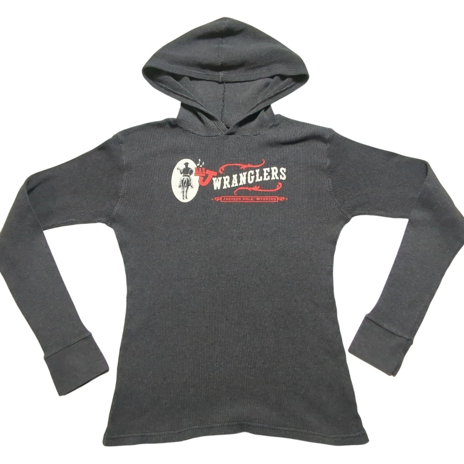 Bar J Wranglers Jackson Hole Wyoming Thermal Hoodie Gray Waffle Knit Large USA