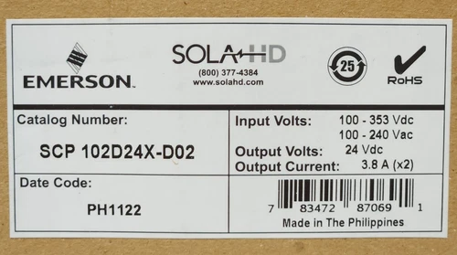 EMERSON SOLA HD SCP 102D24X D02 POWER Supply Input 100-240 VAC Output 24 VDC
