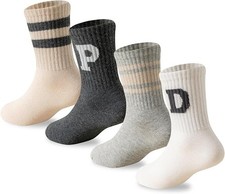 WAMVP Boy's Cotton Crew Socks Black/White/Gray/Beige 4 Pairs Size 4-12 years NEW