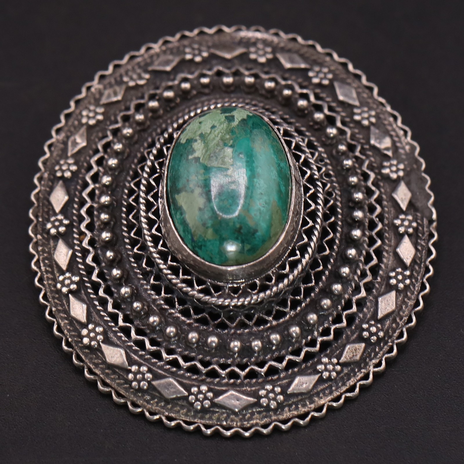 VTG Sterling Silver - ISRAEL Eilat Cabochon Filigree Necklace Pendant - 14g