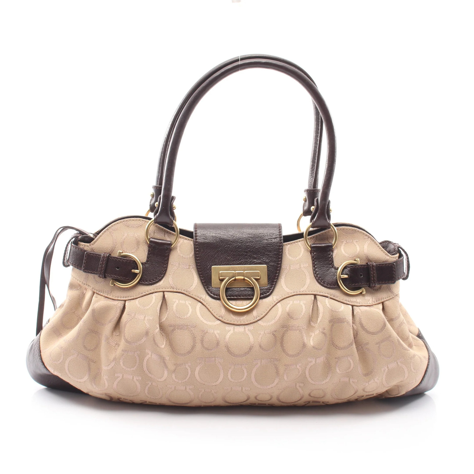 Salvatore Ferragamo Canvas Leather Shoulder Bag Beige Dark Brown Used Authentic