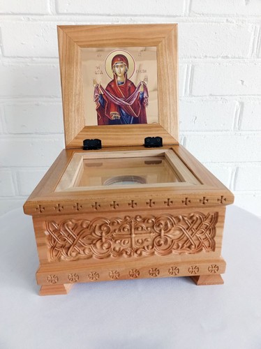 Reliquary Box Carved Wooden icon of The Holy Protection of The Theotokos 7.87" - Picture 3 of 12