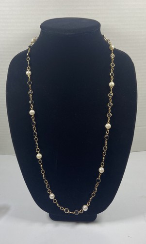 Rafaelian Black Austrian Crystal Faux Pearl Gold Tone 28 in Station Necklace - Picture 2 of 6