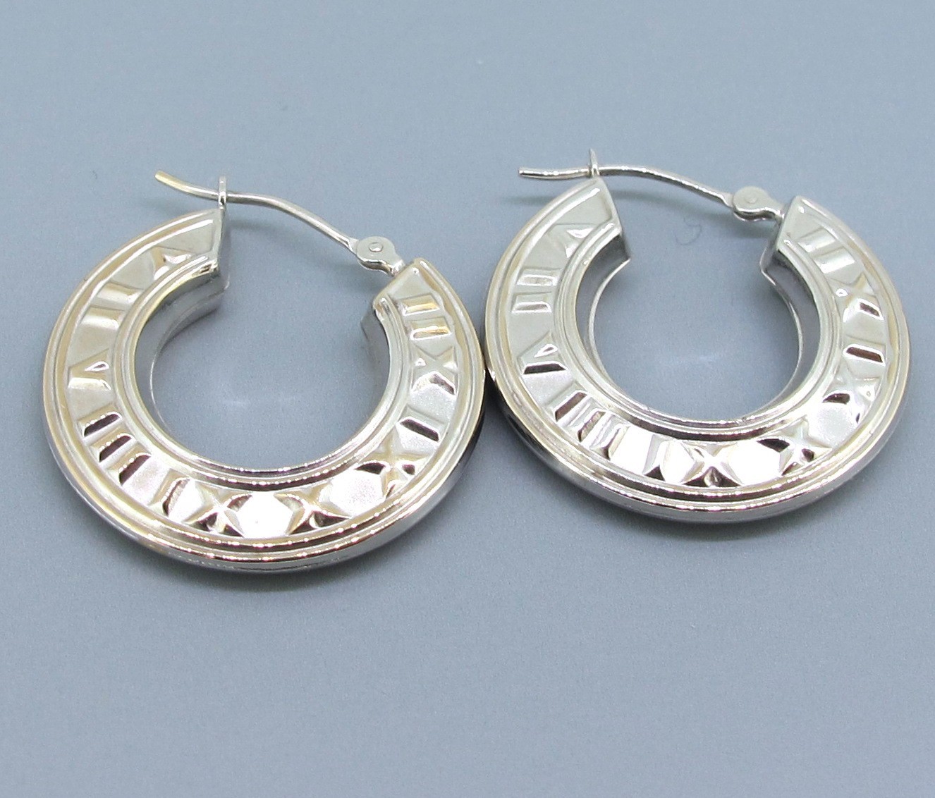 14k White Gold Greek Pattern Hoop Earrings