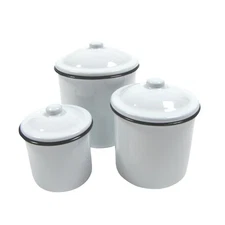 Rustic White Enamel Kitchen Canister Set Vintage Countertop Food Storage Decor