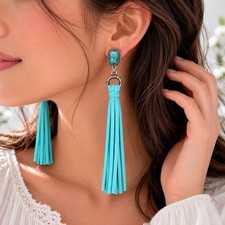 Western Turquoise Tassel Earrings for Women, Long Suede Fringe Earrings