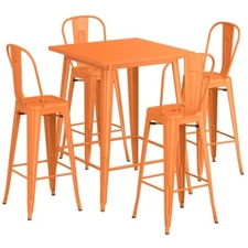 32" Square Orange Metal Restaurant Bar Table Set with 4 Cafe Barstool For Outdoo