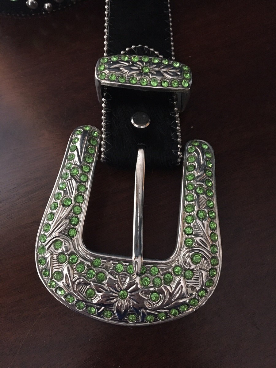 Women's Black/Lime Green Rhinestone Belt - Fits 36.5-40.5