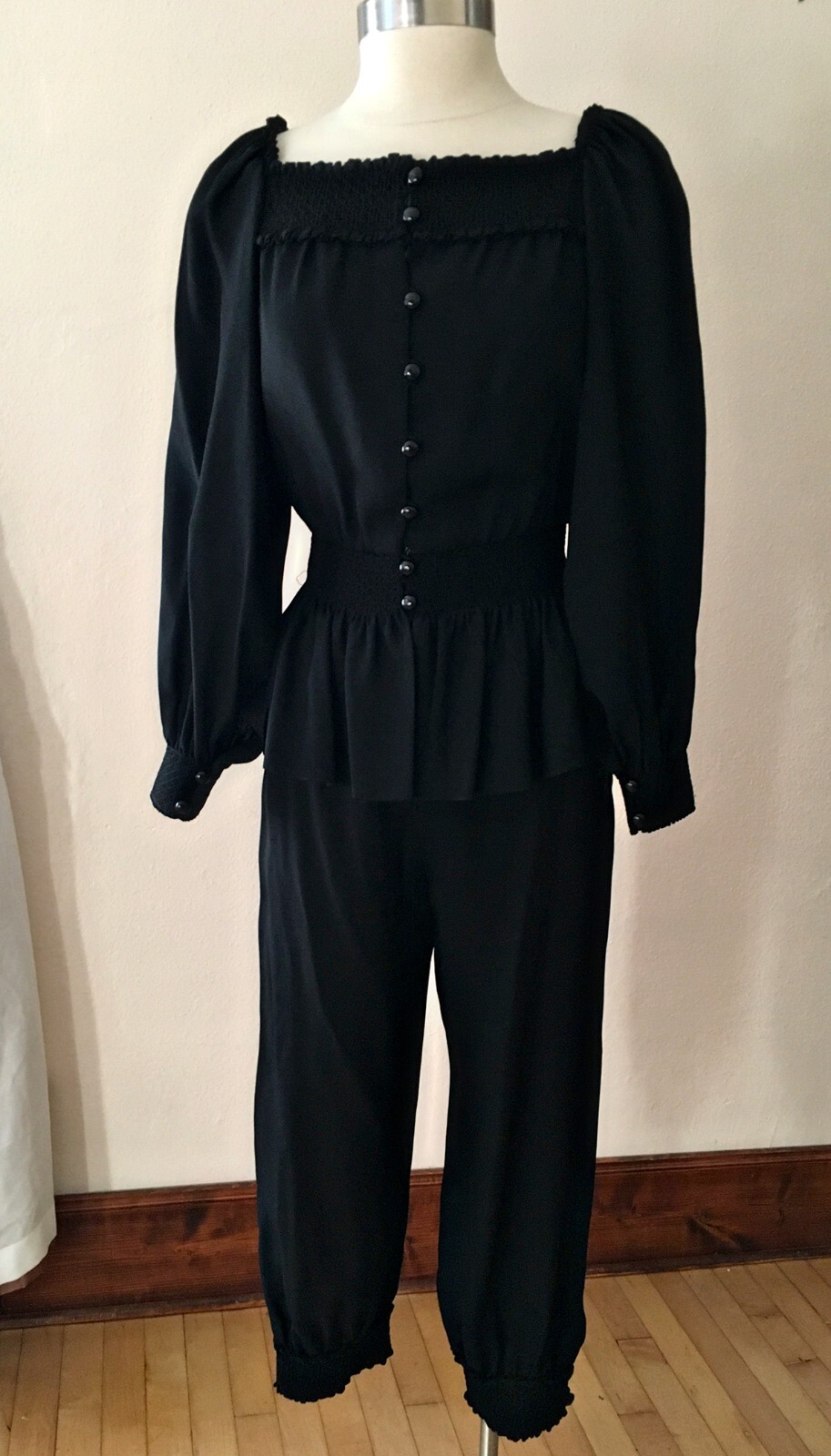 Set camicetta e pantaloni vintage anni '70 Saint Laurent riva sinistra nero raro boho YSL