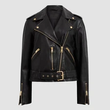 Women's Black Leather Biker Jacket – Moto Style, Gold Zippers, Belted Lapel Coat