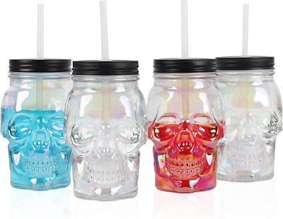 Servette Home 4 Pack Iridescent Skull Shaped Mason Jar with Lid and Straw -16 Oz
