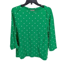 Style & Co Womens 3/4-Sleeve Pima Knit Top Shirt Polka Dot Green Petite Small PS