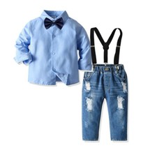 4pcs Toddler Baby Boy Outfits Shirt Suspender Denim Pants Jeans Bow Clothes Set