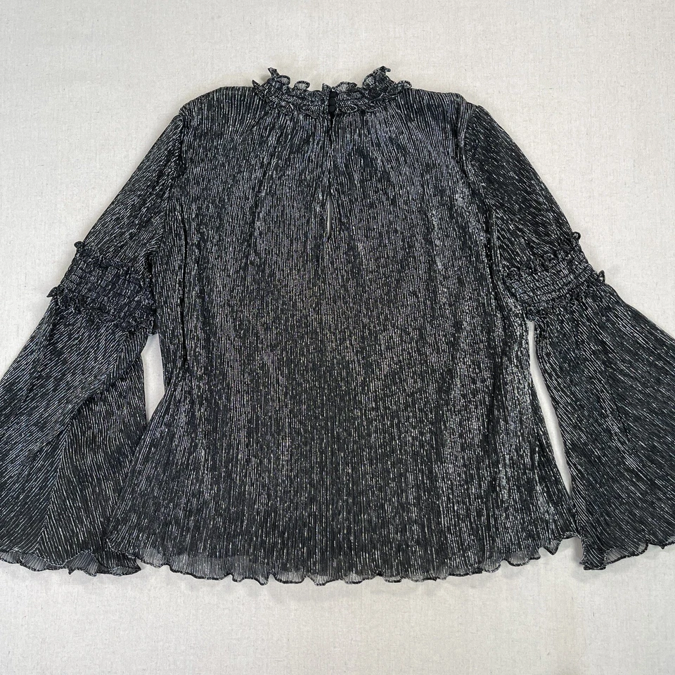 Blusa Parker Mujer Pequeña Negra Plateada Brillante Volantes Bruja Gótica Manga Campana Foto 3 de 4