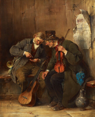 Ferdinand Keller - Payment (1883) Musicians Violin Guitar - 17'' x 22'' Art Print